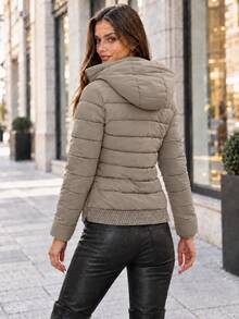 Women's Textured Collar Zip Up Hooded Quilted Padded Jacket With Flap Pockets - Khaki - View 3