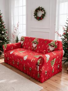 1pc Christmas Santa Claus Ruffle Hem Geometric Pattern Printed Living Room Elastic Spandex Sofa Cover Protector For Chaise Lounge L-Shaped Sofa Cushion Full Coverage 1/2/3/4 Seater - Multicolor - View 9