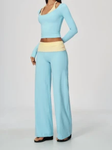New Fall Sexy Women's Two Pieces Set In Burgundy And Light Blue , Featuring A Crew Neck Long-Sleeve Cropped Top And Comfortable Wide-Leg Pants. - Blue - View 5