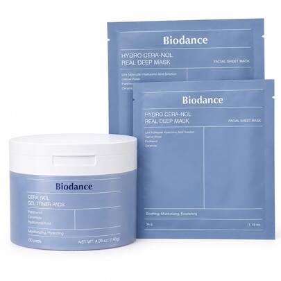 Biodance Hydro Cera-Nol Skincare Bundle – Cera-Nol Gel Toner Pads 60 Pads + 2 Real Deep Facial Sheet Masks