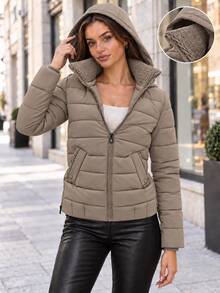 Women's Textured Collar Zip Up Hooded Quilted Padded Jacket With Flap Pockets - Khaki - View 6