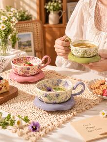 Elegant Floral Pattern Coffee Cup & Saucer Set, Latte Art Cup, Porcelain Tea Set Suitable For Afternoon Tea, Daily Use, Holiday & Birthday Gift - Multicolor - View 4