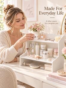 Estantería de almacenamiento de doble capa estilo coreano, organizador de escritorio, estantería de almacenamiento para cosméticos, papelería y libros de dormitorio y oficina, estantería de almacenamiento para perfumes, aperitivos y suministros de baño, estantería decorativa de almacenamiento para el hogar - Blanco - Ver 2