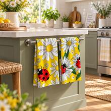 2pcs Yellow Daisy & Ladybug Print Kitchen Towels, Cute Red & Black Ladybug With White Flower And Green Leaf Pattern Hand Towels, Fresh Spring/Summer Pastoral Style Absorbent Dish Cloths Tea Towels, Suitable For Kitchen Cooking, Baking, Cleaning Wiping And Home Decor, Floral & Insect Theme Holiday Gift - Multicolor - View 2