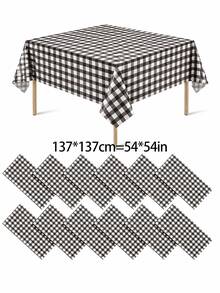 1/6/12PCS-137*274cm Black And White Plastic Checkered Tablecloth, Decorative Disposable Black Plaid Tablecloth, Suitable For Picnic, Farm, Birthday, Wedding Rectangular Table, Party Tablecloth - Black - View 3