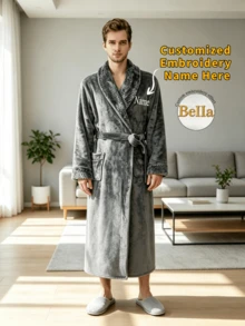 Customized Embroidered Name Unisex Plush Bathrobe Couple Flannel Pajamas Long Sleeve Men & Women Homewear Personalized Gift Holiday Party - Multicolor - View 8