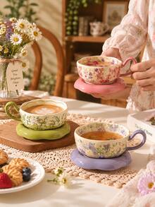 Elegant Floral Pattern Coffee Cup & Saucer Set, Latte Art Cup, Porcelain Tea Set Suitable For Afternoon Tea, Daily Use, Holiday & Birthday Gift - Multicolor - View 2
