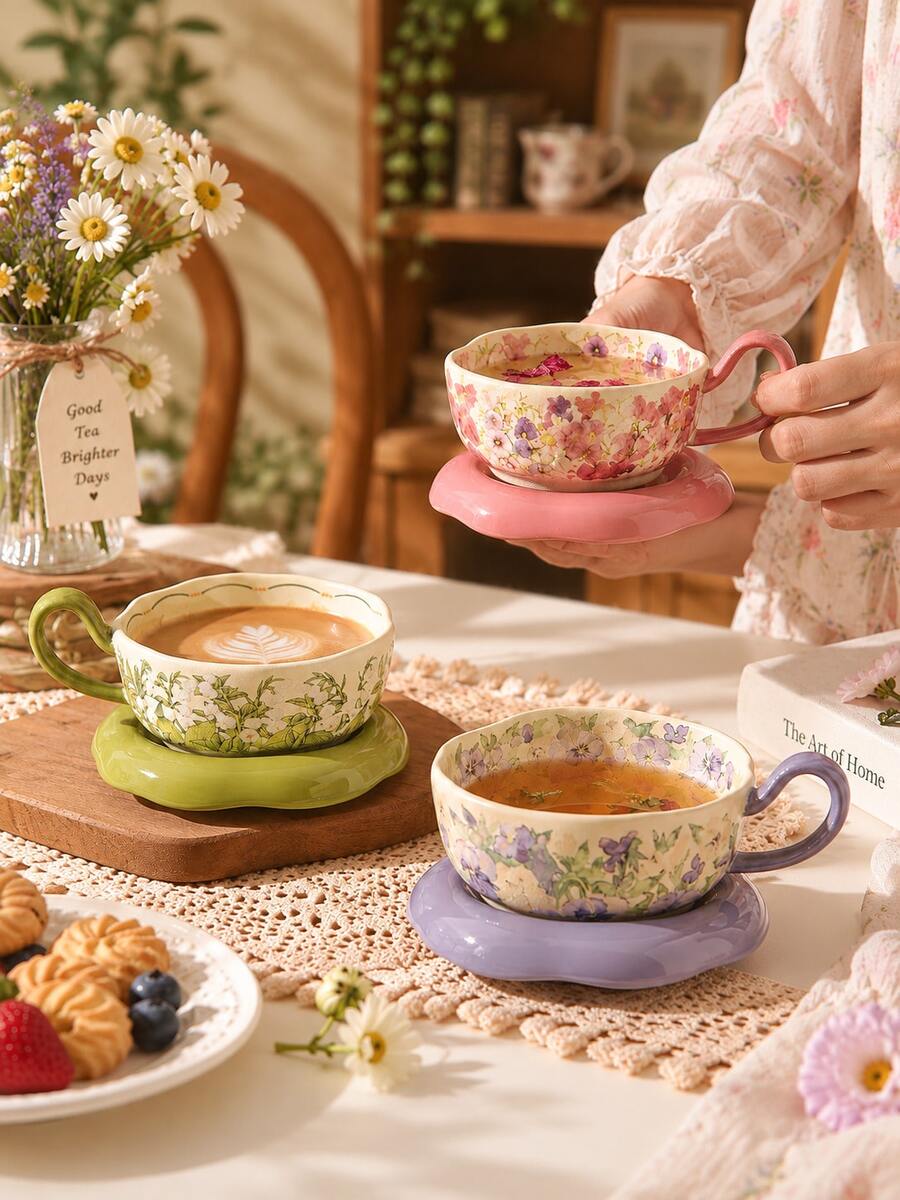Elegant Floral Pattern Coffee Cup & Saucer Set, Latte Art Cup, Porcelain Tea Set Suitable For Afternoon Tea, Daily Use, Holiday & Birthday Gift