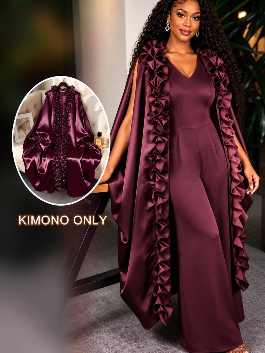 African Women Satin Front Open Long Kimono Robe, 3D Floral Ruffle Batwing Sleeve Loose Kaftan Cover-Up, Suitable For Church, Party Occasions - Burgundy - View 1