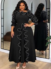 Plus Size Women's Black Elegant Chiffon A-Line Dress With Ruffle Trim 3/4 Sleeves, Suitable For Spring Wedding Guest Church Wear Party Fall - Black - View 1