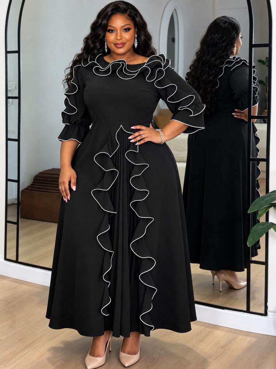 Plus Size Women's Black Elegant Chiffon A-Line Dress With Ruffle Trim 3/4 Sleeves, Suitable For Spring Wedding Guest Church Wear Party Fall - Black - View 1