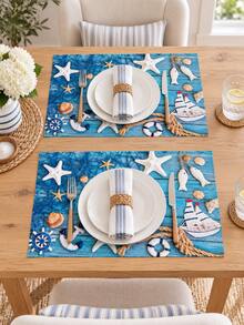 Ocean Nautical Theme Placemats, Blue Wood Grain Starfish Shell Anchor Sailboat Print Table Mats, Suitable For Dining Table Kitchen Beach Vacation Style Home Decor, Party Gathering Setup - Multicolor - View 5