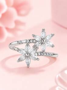 1pc Girl's Cherry Blossom White Square Crystal Ring, Adjustable Flower Ring, Delicate Stackable Jewelry For Girls Party Prom Dates & Daily - one-size - View 4