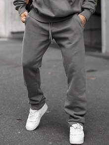 American Basic Men Hoodie And Straight Sweatpants 2 Pieces Outfit, Solid Loose Daily Casual Matching Set - Dark Grey - View 4