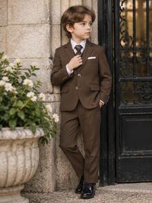 Young Boy Suit Set, Young Boy Piano Performance Outfit, Wedding Flower Boy Dress, 3-Piece Set: Suit Jacket + Pants + Tie - Brown - View 4