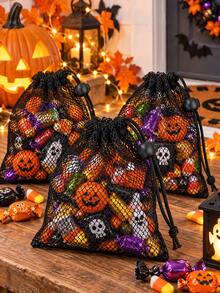 12Pcs Black Mesh Drawstring Bags, Portable Lightweight Storage Pouches, Breathable Net Fabric Cinch Sacks For Candy, Jewelry, Cosmetics, Small Accessories, Party Favors, Halloween Gift Packaging - Black - View 12