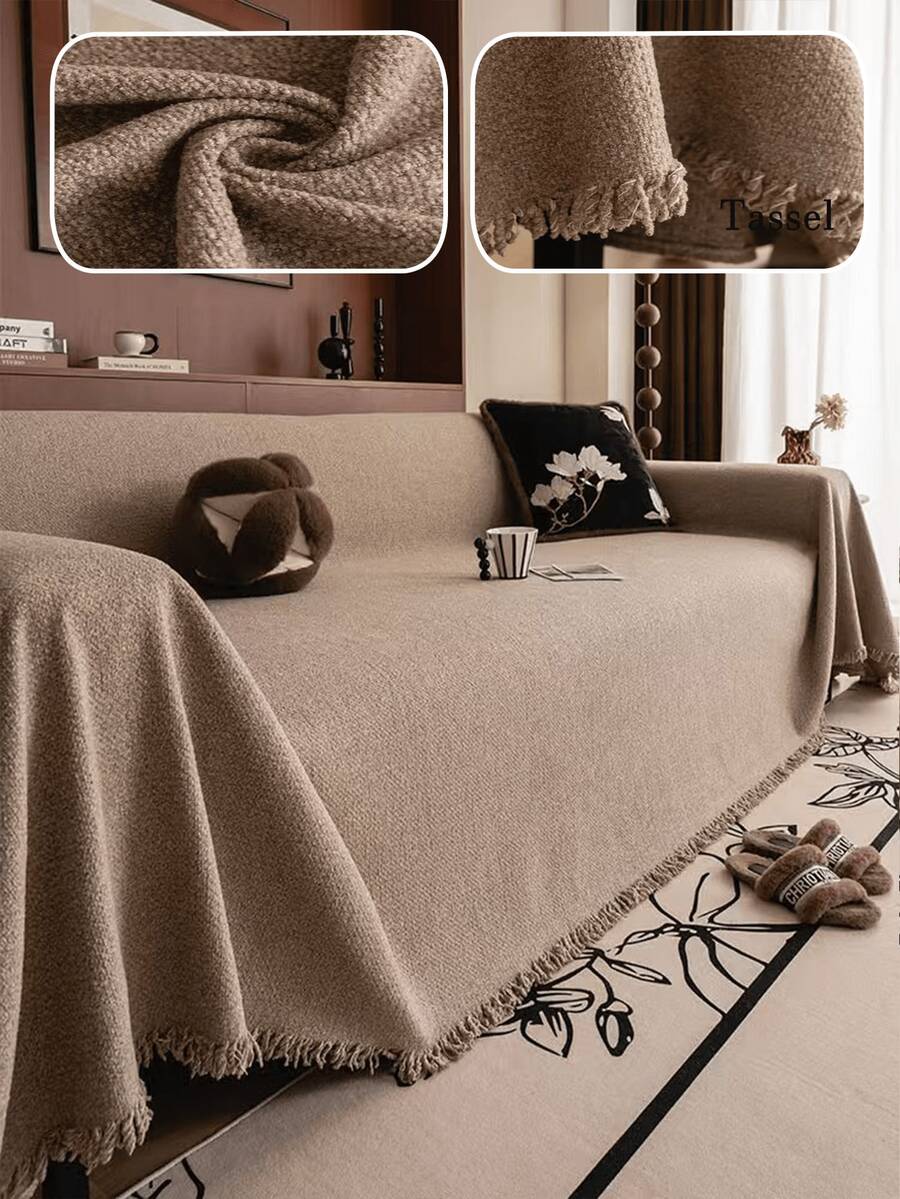 1pc Minimalist Solid Color All-Season Sofa Cover With Tassel Trim, Non-Slip Furniture Protector, Pet-Friendly Sofa Slipcover For 1/2/3/4 Seater And Sectional Sofas, Suitable For Living Room, Bedroom And Home Decor - Camel - View 1