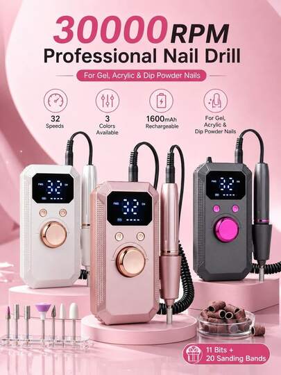 Rechargeable Electric Nail File, Professional Portable Acrylic, Gel Nail And Polishing Tool, Includes 11 Nail Drill Bits And 20 Sanding Bands, Wireless Design, High-Speed Tool Suitable For Salon And Home Use, Great Gift For Women