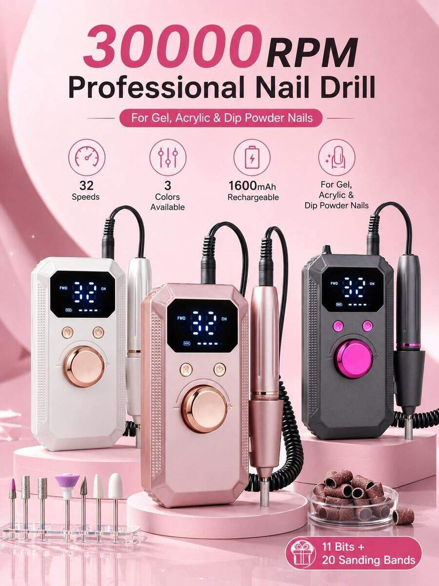 Rechargeable Electric Nail File, Professional Portable Acrylic, Gel Nail And Polishing Tool, Includes 11 Nail Drill Bits And 20 Sanding Bands, Wireless Design, High-Speed Tool Suitable For Salon And Home Use, Great Gift For Women - A - View 1