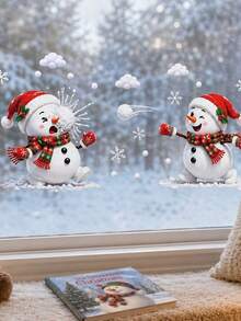 2pcs Christmas Snowman Window Stickers, Cute Cartoon Winter Snowman With Christmas Hat, Scarf And Snowflake Design, Easy To Install Double-Sided Visible Static Window Decals, Suitable For Bedroom, Living Room, Door Glass Holiday Home Decor - one-size - View 3