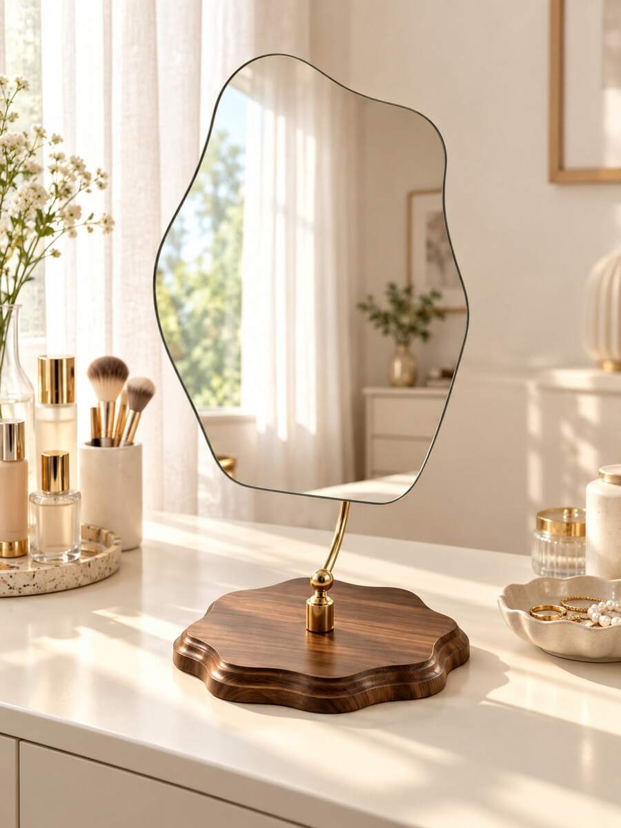 Nordic Cloud-Shaped Irregular Tabletop Makeup Mirror, Frameless Vanity Mirror With Walnut Wood Base & Gold/Black Metal Stand, Decorative Mirror For Bedroom, Dressing Table & Bathroom - Multicolor - View 1