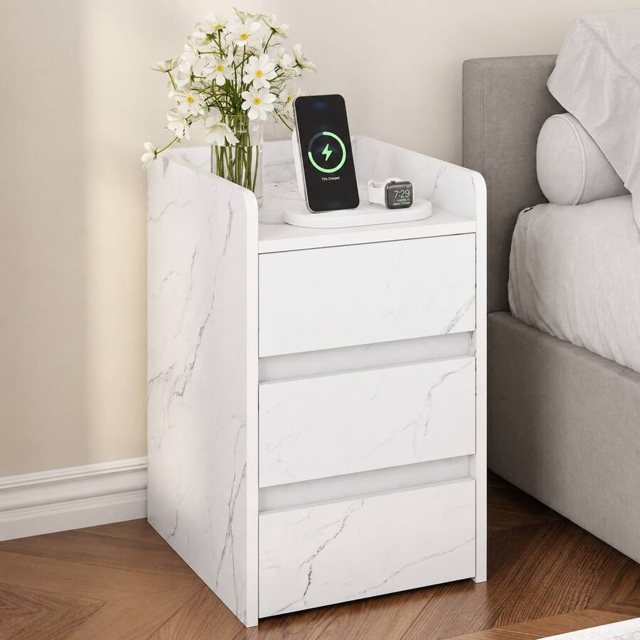 Yitahome Bedside Table With 3 Drawers, Nightstand End Table, Water-Resistant Storage Side Table, 35x40x59cm - Antique White - View 1