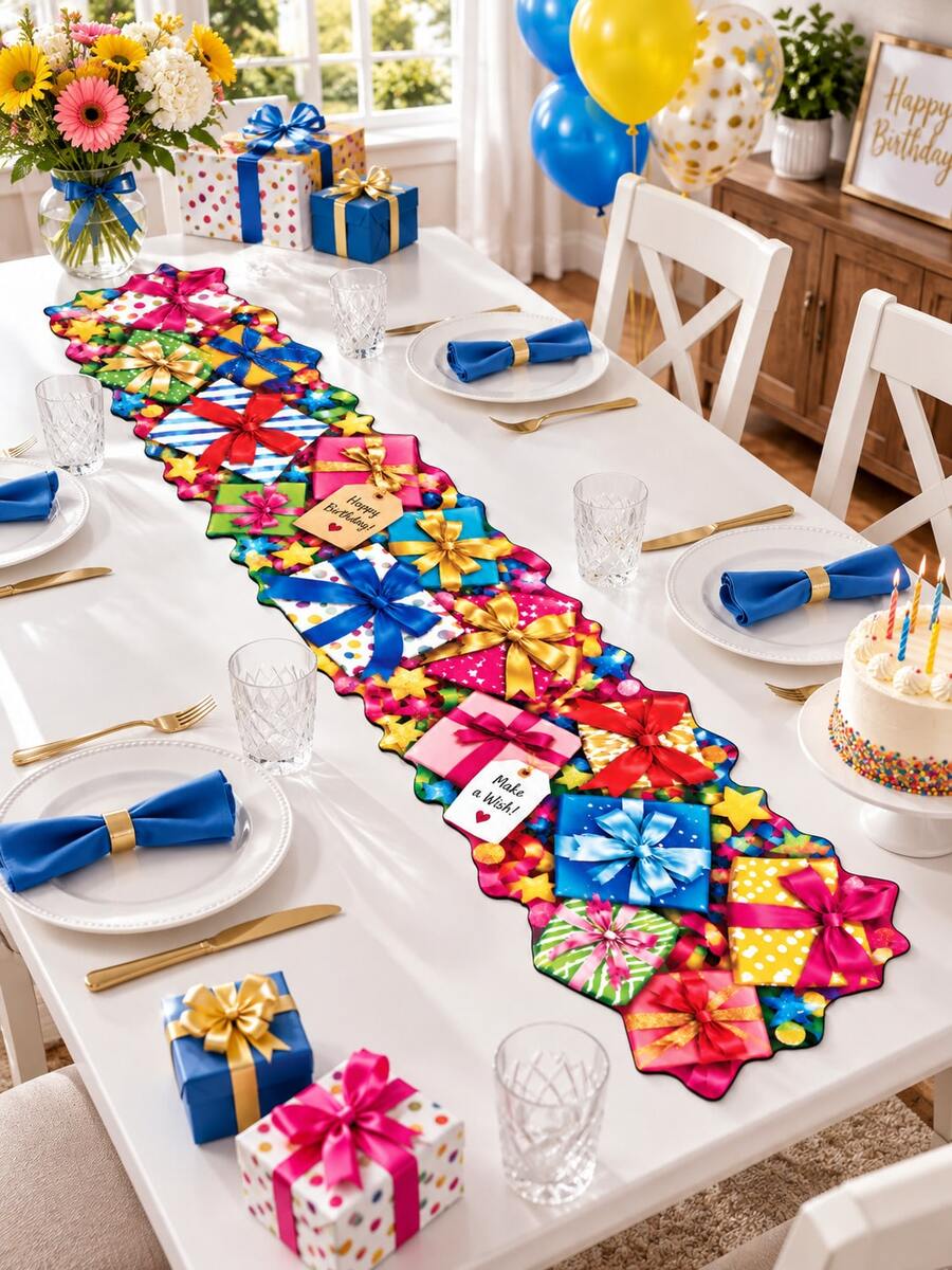 1pc Colorful Gift Birthday Table Runner, Present Box Bow Ribbon Star Print Long Table Decor, Irregular Edge Party Table Cover For Birthday Celebration, Dining Table, Party Supplies, Home Decor - Multicolor - View 1