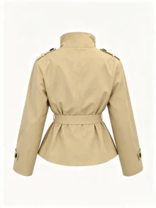 Veste trench pour femme printemps automne hiver, élégante veste de ville couleur kaki col montant double boutonnage trench court avec ceinture à la taille et design d'épaulettes, veste de ville début automne style britannique - Kaki - Voir 6