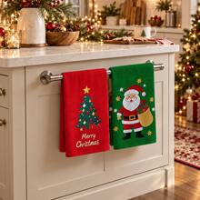 2pcs Santa Claus & Christmas Tree Print Kitchen Towels, Merry Christmas Pattern Hand Towels, Classic Red & Green Christmas Style Dish Cloths Tea Towels, Suitable For Kitchen Cooking, Baking, Cleaning Wiping & Christmas Home Decor - Multicolor - View 4