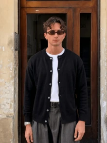 Men's Casual Loose Solid Color Commuting Business Style Ribbed Button Round Neck Long Sleeve Cardigan, Autumn/Winter - Black - View 2
