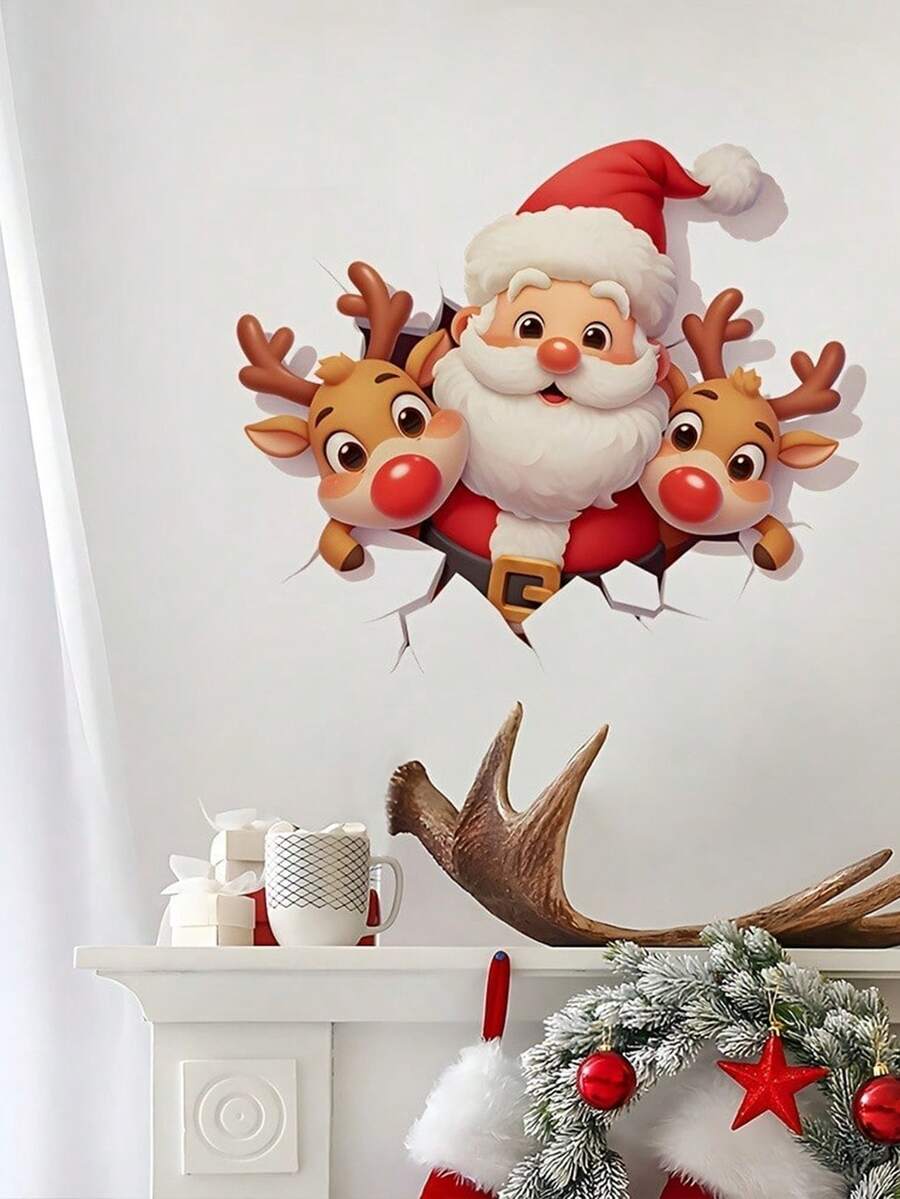 1 miếng nhãn dán tường 3D hình ông già Noel và tuần lộc trang trí lối vào phòng khách trong nhà dịp lễ, tự dính - Một cỡ - Xem 1