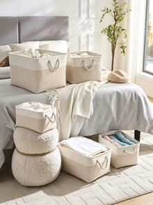 Minimalist Farmhouse Style Linen Blend Rectangular Storage Basket, Foldable Fabric Storage Bin With Thickened Cotton Rope Handles, Large Capacity, Suitable For Bedroom Closet, Shelf, Cabinet, Living Room, Home Organization And Storage - Multicolor - View 7