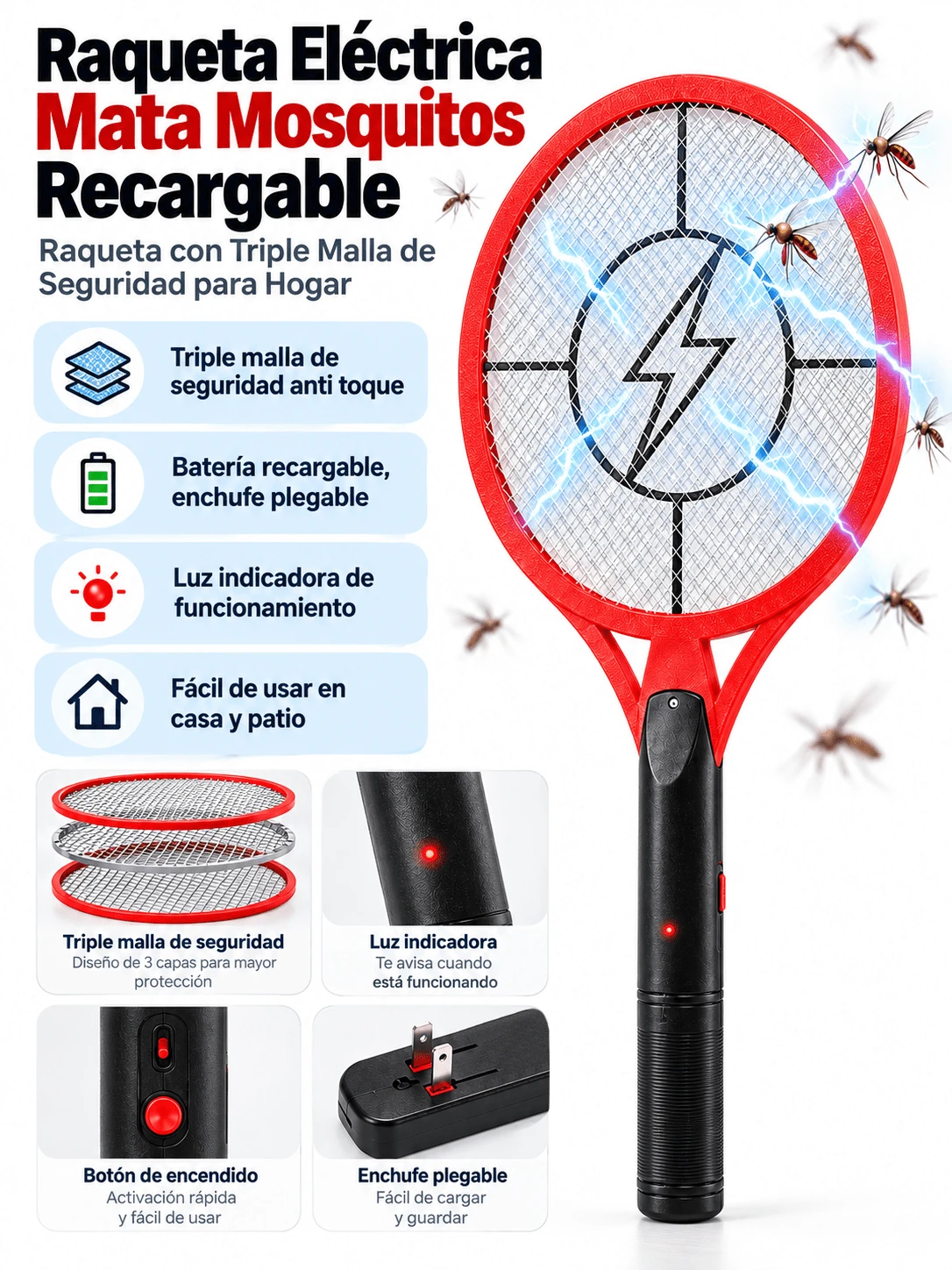 3500V Rechargeable Electric Mosquito And Fly Swatter With LED Light