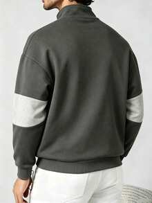 Men's Autumn/Winter Letter Pattern Patchwork Loose Drop Shoulder Zip-Up Collar Sweatshirt, Suitable For Casual Fashion - Dark Grey - View 2