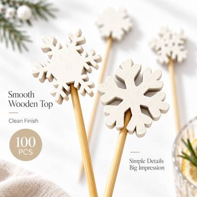 Exquisite And Cute Christmas Snowflake Style Food Skewers (Made Of Natural Bamboo With A Smooth Surface), 100pcs/Pack, Cute Design Cocktail Sets, Used For Fruit Plates, Cooked Food, And Party Decorations
