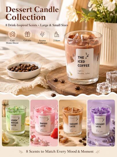 Aromatherapy Candle Latte Coffee Series Long-Lasting Soy Wax, Suitable For Home Bedroom Living Room Office Bathroom Indoor Decoration, Vanilla Caramel Matcha Cherry Scent Gift Box
