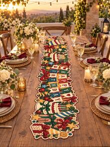 1pc Vintage Birthday Table Runner, Happy Birthday Banner Cake Gift Box Bow Print Long Table Decor, Irregular Edge Party Table Cover For Birthday Party, Dessert Table, Dining Room, Home Decor - Multicolor - View 7