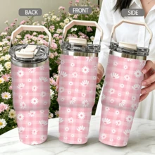 1/5pcs 30oz Portable Insulated Tumbler, Pink Plaid Bottom With White Daisy Flat Print, With Portable Handle Flip Lid, Stainless Steel Vacuum Insulation, Keeps Cold And Hot. Fresh And Soft Pastoral Style, Large Capacity Suitable For Outdoor Carry, Simple And Elegant, Perfect For Daily Use Or As A Thoughtful Gift For Your Best Friend. - Checkered Daisy - View 5