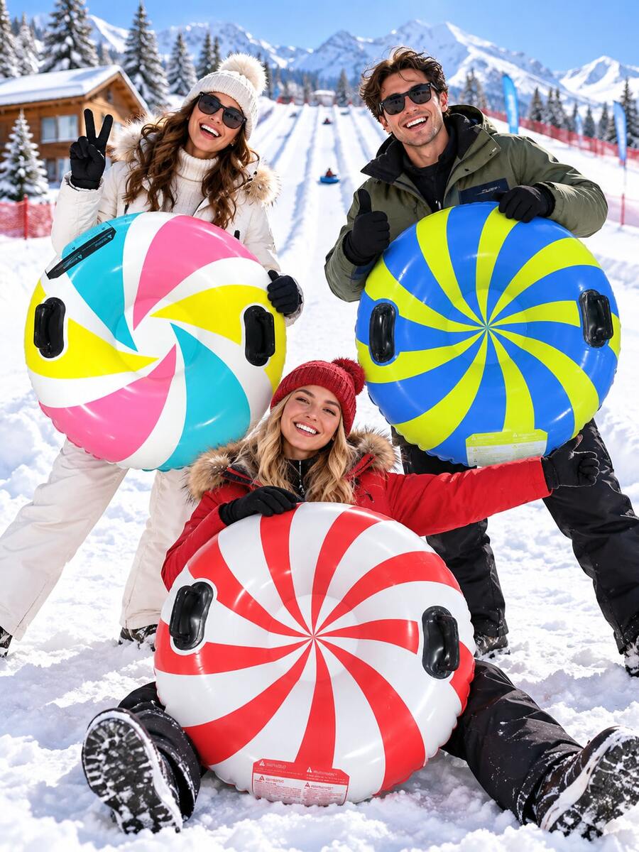 1pc 82cm Colorful Striped Inflatable Snow Tube, Dual Handle Round Snow Sled, Bright Candy Swirl Pattern Inflatable Sled, Portable Winter Outdoor, Suitable For Ski Resort, Snow Entertainment, Family Winter Activities, Christmas Gift, Holiday Essential, Fitness Equipment, Snow Sled, Outdoor - Striped Snow Tube - View 1