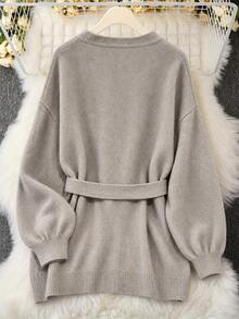 Plus Size Women's Long Sleeve Tie-Front Cardigan, Loose Knit Sweater (Includes Belt) - Khaki - View 3