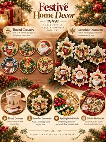 6pcs Christmas Bling Rhinestone Coaster 1 Piece, Santa Snowman Reindeer 2-In-1 Table Coaster & Tree Hanging Ornament, Fall Table Decor, Great Thanksgiving Christmas Holiday Gift, Sparkly Home Table Accessory - Multicolor - View 6