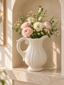 1pc White Ceramic Water Pitcher Vase With Handle And Wavy Spout, Textured Pottery Decorative Flower Vase, Vintage Farmhouse Style Home Decor, Suitable For Living Room, Entryway, Shelf, Mantel, Dining Table Centerpiece, Wedding And Housewarming Gift - Kettle Vase - View 6