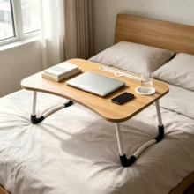 1pc Wood Grain Folding Bed Desk, With Cup Slot, Card Slot And Non-Slip Table Legs, Foldable Lazy Laptop Desk For Reading And Working In Bed, Suitable For Dorm Study, Watching Videos And Working In Bed - Multicolor - View 2
