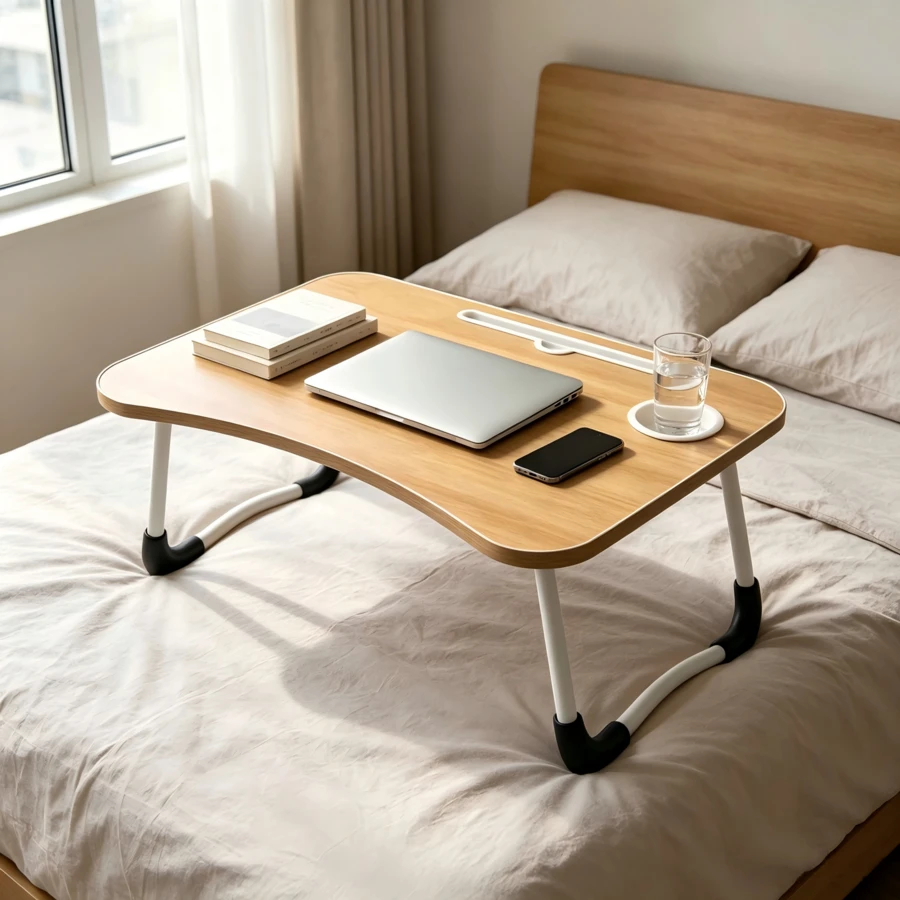 1pc Wood Grain Folding Bed Desk, With Cup Slot, Card Slot And Non-Slip Table Legs, Foldable Lazy Laptop Desk For Reading And Working In Bed, Suitable For Dorm Study, Watching Videos And Working In Bed - Multicolor - View 1