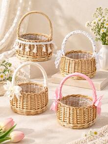 1pc Woven Rattan Basket With Handle, Decorative Ribbon Lace And Tassel Design, Lightweight Handheld Storage Basket, Suitable For Women, Wedding Ceremonies, Party Table Decor, Gift Display, Floral Arrangement And Home Decoration - Multicolor - View 1