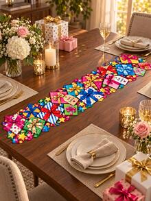 1pc Colorful Gift Birthday Table Runner, Present Box Bow Ribbon Star Print Long Table Decor, Irregular Edge Party Table Cover For Birthday Celebration, Dining Table, Party Supplies, Home Decor - Multicolor - View 5