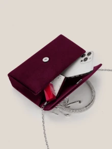 REMANLAND Charming Burgundy Handbag With Crystal Decorated Handle And Draping Details, Elegant Party Clutch Suitable For Banquets, Receptions And Evening Gowns - Burgundy - View 6