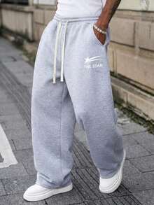 Men's Celebrity Print Wide Leg Casual Pants, Men's Sweatpants. Loose Straight Leg Fit, Good Drape, Suitable For Home And Outdoor Activities. Also Can Be Used As Couple Gift. Knitted Fabric, Equipped With Drawstring Waistband, Easy To Adjust Tightness - Light Grey - View 2