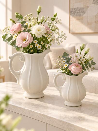 1pc White Ceramic Water Pitcher Vase With Handle And Wavy Spout, Textured Pottery Decorative Flower Vase, Vintage Farmhouse Style Home Decor, Suitable For Living Room, Entryway, Shelf, Mantel, Dining Table Centerpiece, Wedding And Housewarming Gift