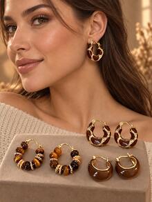 3 Pairs Vintage Brown Resin Teardrop Earrings, Gold Asymmetrical Geometric Dangle Earrings, Elegant High-End Versatile Jewelry For Women, Suitable For Daily Wear, Parties, Vacations And Gifts - Multicolor - View 2